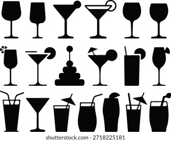 Conjunto de íconos de Vector de silueta negra de varios vasos de cóctel populares, incluidos Martini, Highball, Wine y Coupe. Ideal para menús de bares, Sitios web de restaurantes o gráficos de la industria de bebidas.