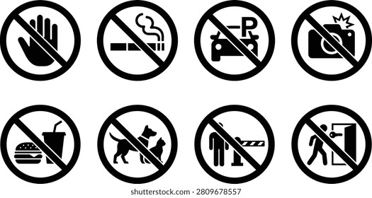Black silhouette vector icon set featuring universal prohibition and restriction symbols including no smoking, no parking, no photography