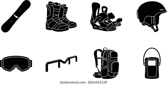 Black silhouette vector icon set featuring essential winter sports equipment including a snowboard, snow boots, bindings, ski helmet, goggles, rail, backpack, and insulated bottle. Ideal for ski resorts, snowboarding events, outdoor adventure brands, sports websites, mobile apps, and infographic designs.