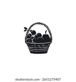 Black silhouette vector icon showing a fruit basket filled with grapes, cherries, and a pear, isolated on a white background. Ideal for healthy eating and nature themes.