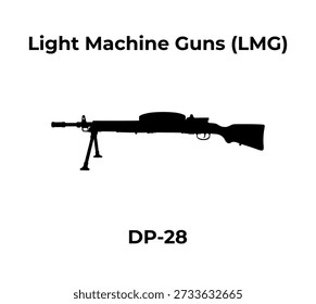 Un ícono de Vector de silueta negra de una ametralladora ligera soviética DP-28, con su distintivo cargador de bandeja y soporte de bípode, aislado sobre un fondo blanco.