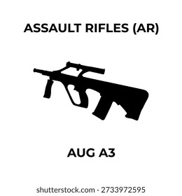 A black silhouette vector icon of a Steyr AUG A3 bullpup assault rifle on a white background.