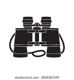 Black silhouette vector icon of traditional binoculars. Designed for travel, exploration, outdoor activities, bird watching, observation, and adventure themes. Clear graphic element for navigation, discovery, and optical equipment concepts.