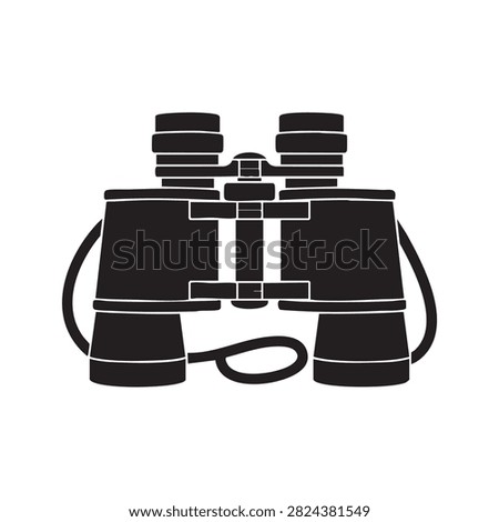 Black silhouette vector icon of traditional binoculars. Designed for travel, exploration, outdoor activities, bird watching, observation, and adventure themes. Clear graphic element for navigation, discovery, and optical equipment concepts.