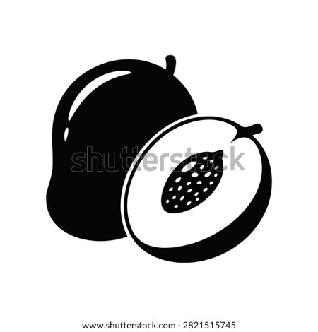 Black silhouette vector icon of a whole mango and a sliced half with pit, isolated on white background.