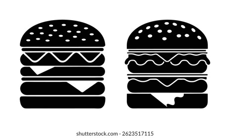 Black silhouette vector icons of hamburgers. Ideal for fast food, restaurant menus, and food-related designs. EPS format.