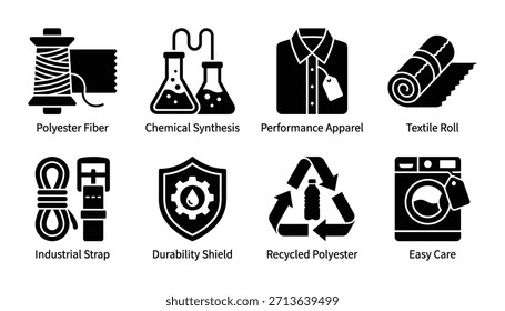 Black silhouette vector icons representing polyester fiber, chemical synthesis, performance apparel, textile roll, industrial strap, durability shield, recycled polyester, and easy care.