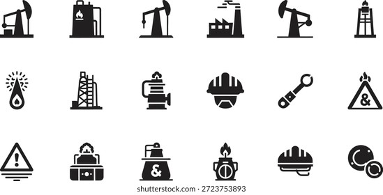 Iconos de vector de silueta negra que representan los procesos de producción de petróleo y gas de la industria energética y las medidas de seguridad