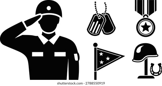 Black silhouette vector icons representing military service, including a saluting soldier, dog tags, medals, a flag, and a helmet.