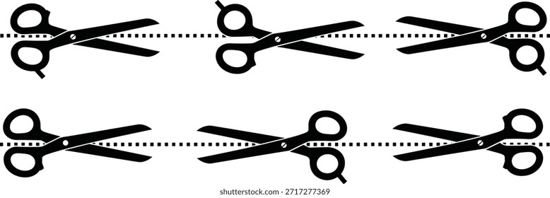 Iconos de vector de silueta negra de tijeras en varias posiciones abiertas y cerradas, ideales para peluquería, sastrería o temas de elaboración, aislados limpiamente sobre un fondo blanco con líneas de corte punteadas.