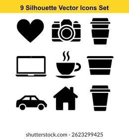 Black Silhouette Vector Icons Set – Home, Coffee, Car, Laptop, Camera, Heart