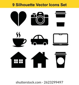 Black Silhouette Vector Icons Set – Home, Coffee, Car, Laptop, Camera, Heart