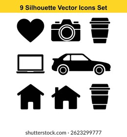 Black Silhouette Vector Icons Set – Home, Coffee, Car, Laptop, Camera, Heart