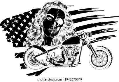 black silhouette of vector illustation vintage chopper motorcycle with woman face and american flag