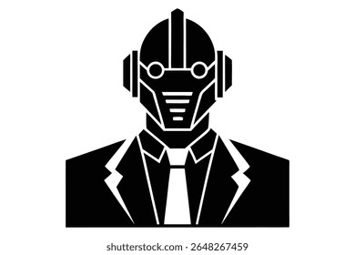 Black silhouette vector illustration of an AI robot head wearing a suit and tie against a white background. The style is minimalist and geometric.