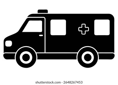 Black silhouette vector illustration of an ambulance viewed from the side against a white background The ambulance features a simple design with a cross symbol