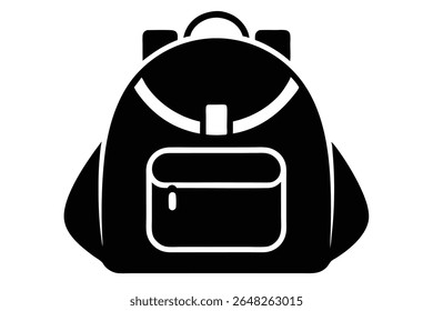 A black silhouette vector illustration of a backpack with a front pocket against a white background The style is simple and minimalist