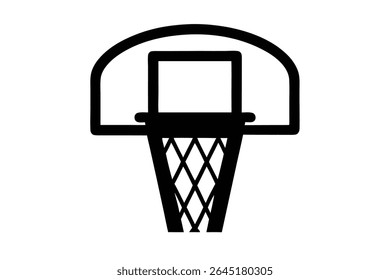 A black silhouette vector illustration of a basketball hoop against a white background The image is simple and minimal in style