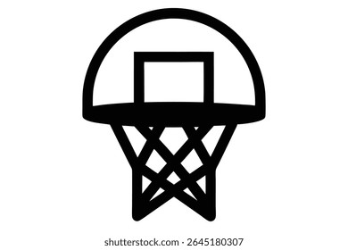 A black silhouette vector illustration of a basketball hoop and net against a white background The style is simple and minimal