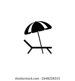 Black silhouette vector illustration of a beach chair and umbrella on a white background. Simple minimal design.