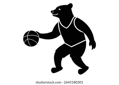 Black silhouette vector illustration of a bear wearing a jersey dribbling a basketball against a white background. The style is simple and flat.