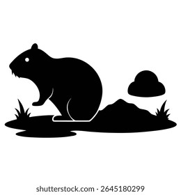 Black silhouette vector illustration of a beaver near its dam simple design against a white background
