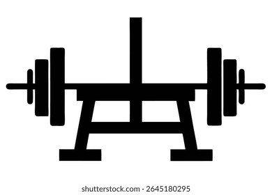 Black silhouette vector illustration of a bench press with barbell and weights simple design on white background