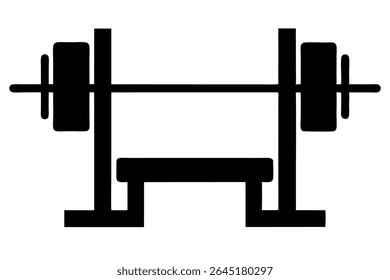 Black silhouette vector illustration of a bench press with barbell and weights simple design on white background
