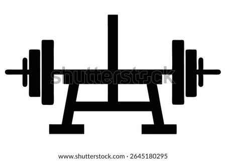 Black silhouette vector illustration of a bench press with barbell and weights simple design on white background