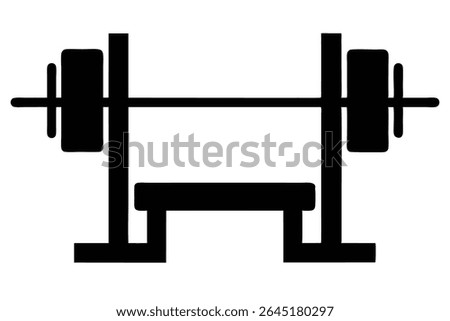 Black silhouette vector illustration of a bench press with barbell and weights simple design on white background