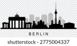 Black silhouette vector illustration of the Berlin city skyline featuring iconic landmarks like the Brandenburg Gate, Berlin Cathedral, and TV Tower.