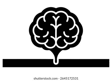 A black silhouette vector illustration of a brain with a liquid drop falling from it onto a black horizontal bar against a white background. The style is simple and bold.