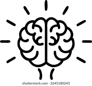 A black silhouette vector illustration of a brain with radiating lines suggesting an idea or thought process against a white background. The style is simple and bold.