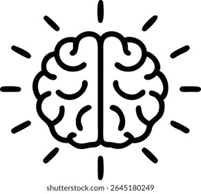 A black silhouette vector illustration of a brain with radiating bright rays on a white background. The style is simple and bold.