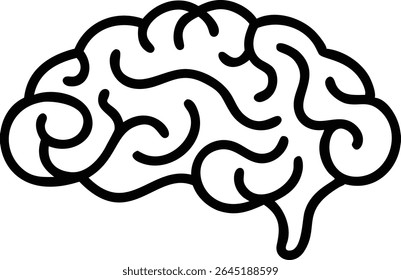 A black silhouette vector illustration of a brain on a white background The style is simple line art with bold black lines creating a detailed brain shape