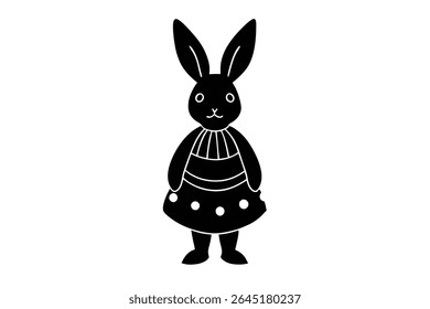 A black silhouette vector illustration of a bunny wearing a dress adorned with white dots The bunny is depicted in a simple minimalist style against a white background