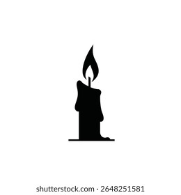 A black silhouette vector illustration of a candle with a slanted flame against a white background The candle is depicted simply with a slightly melted base.