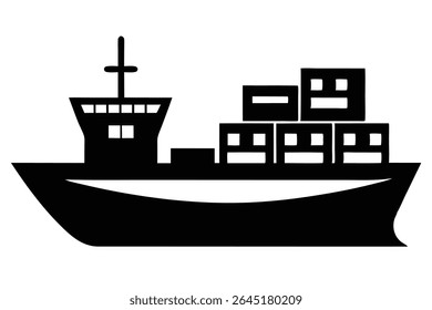 A black silhouette vector illustration of a cargo ship with containers on deck against a white background. The style is simple and minimalist.