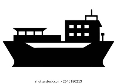 Black silhouette vector illustration of a cargo ship against a white background. The image is simple and minimal in style.