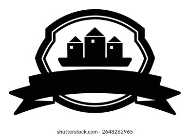 Ilustração de vetor de silhueta preta de um castelo em um emblema com uma fita abaixo. Estilo simples.