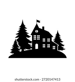 Ilustración vectorial de silueta negra de una casa encantadora con árboles de hoja perenne aislados sobre fondo blanco
