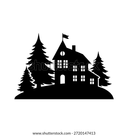 Black silhouette vector illustration of a charming house with evergreen trees isolated on white background