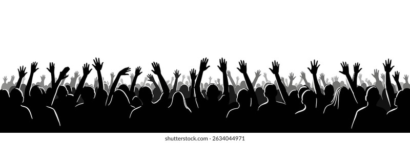A black silhouette vector illustration of a cheering crowd with raised hands against a white background.