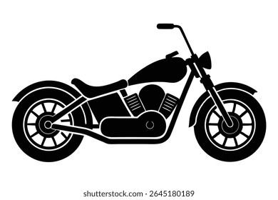 A black silhouette vector illustration of a chopper motorcycle against a white background The image is simple and bold with strong lines and shapes.