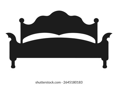 A black silhouette vector illustration of a classic bed against a white background The bed features a curved headboard and footboard with simple detailing. A thin white line represents bedding.