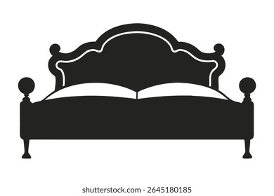 Black silhouette vector illustration of a classic bed with a curved headboard and simple bedding shown in white against a white background.