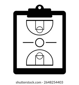 Ilustração de vetor de silhueta preta de uma prancheta com um esboço de quadra de basquete simplificado em um fundo branco. O estilo é minimalista e gráfico.