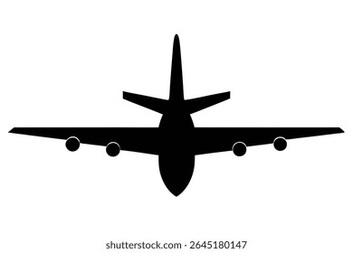 A black silhouette vector illustration of a commercial airplane viewed from above against a white background. The image is simple and minimal in style.