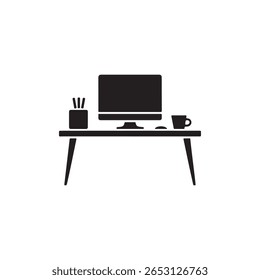 Black silhouette vector illustration of a computer desk with a monitor, pencil holder, and mug, isolated on a white background. Vector work from a front view.