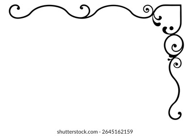 A black silhouette vector illustration of a corner ornament featuring flowing swirls and scrolls. The design is simple and elegant with a vintage feel. The style is clean and easily adaptable.